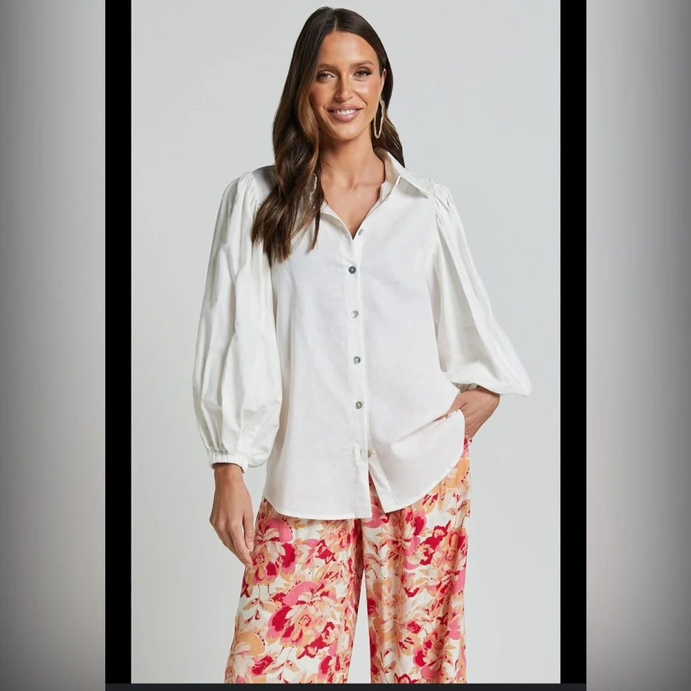 Showpo White Puff Sleeve Button Down Shirt - Picture 4 of 10